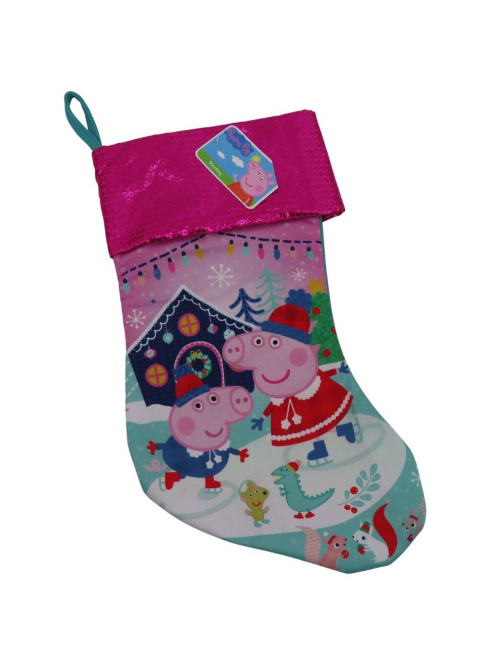 Peppa Pig Christmas Stocking Holiday Piggy Ice Skating Scene Shiny Pink Aqua NEW